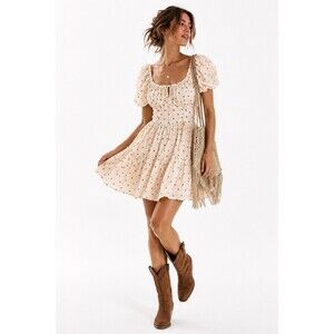 Trixxi Los Angeles 2X Cream Brown Polka Dot Puff Sleeve Lace-Up Mini Dress